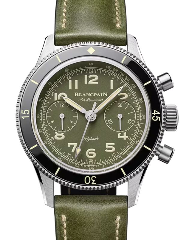 Blancpain Air Command Flyback Chronograph Titanium 36.2mm Green Dial Leather Strap AC03 12B53 63B - BRAND NEW