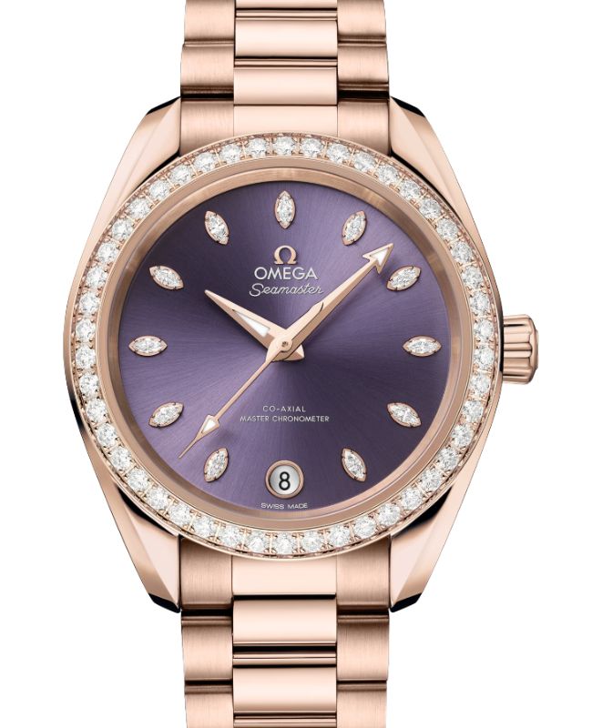 Omega Seamaster Aqua Terra 150M Co-Axial Master Chronometer Sedna Gold 34mm Diamond-Paved Bezel Lavender Dial 220.55.34.20.60.001 - BRAND NEW