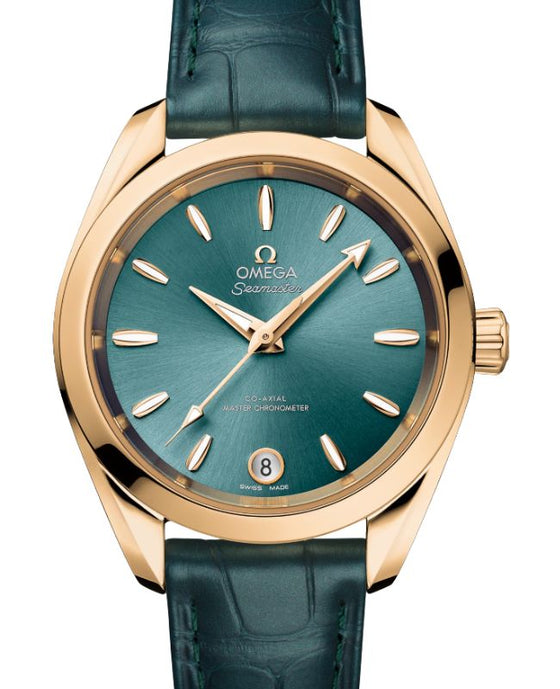 Omega Seamaster Aqua Terra Shades 150M Co-Axial Master Chronometer Moonshine Gold 34mm Green Dial Leather Strap 220.53.34.20.10.001 - BRAND NEW