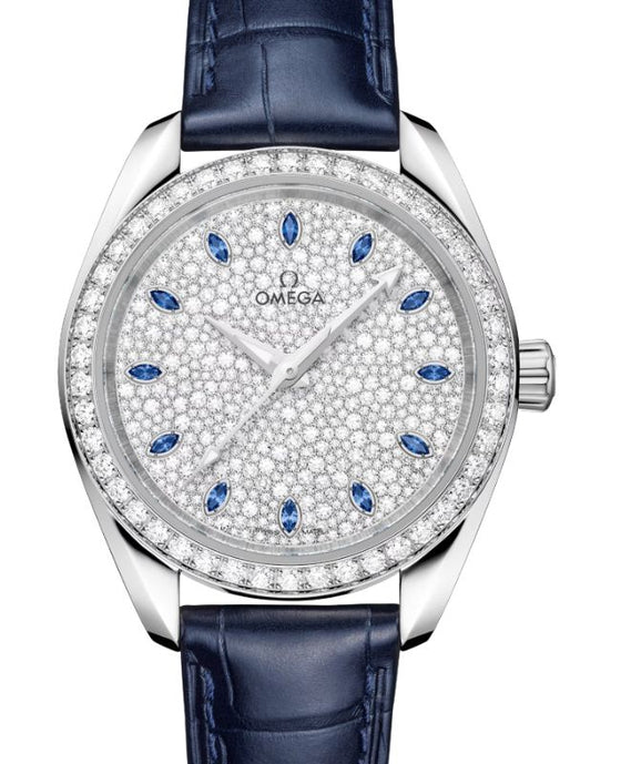 Omega Seamaster Aqua Terra Shades 150M Co-Axial Master Chronometer Canopus Gold 34mm Silver Dial Diamond Bezel Leather Strap 220.58.34.20.99.007 - BRAND NEW
