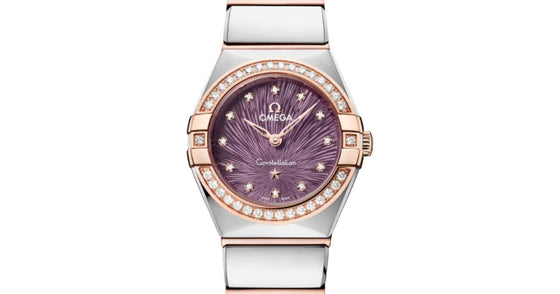 Omega Constellation Quartz 25mm Steel Sedna Gold Diamond Bezel Purple Dial 131.25.25.60.60.002