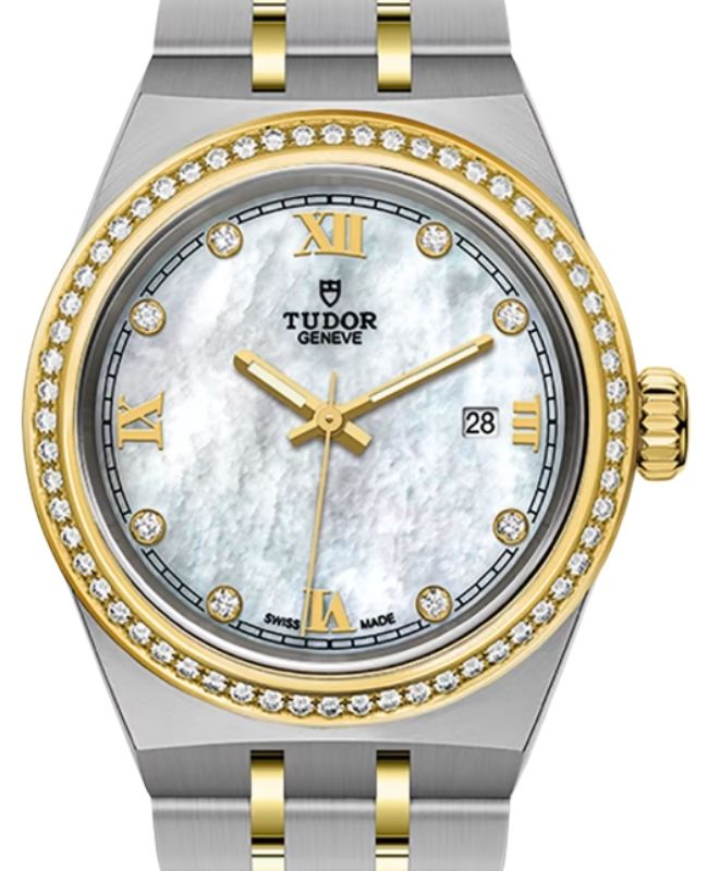 Tudor Royal Steel Diamond White Mother of Pearl Dial 28mm Yellow Gold Cap Bracelet M28323-0001 - BRAND NEW