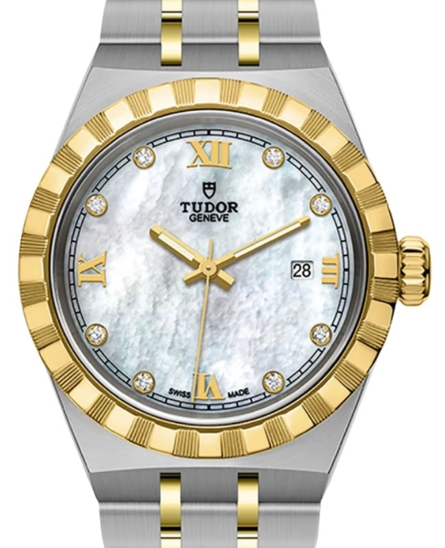 Tudor Royal Steel Diamond White Mother of Pearl Dial 28mm Yellow Gold Cap Bracelet M28303-0007 - BRAND NEW