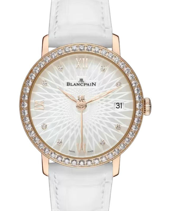 Blancpain Villeret Ultraplate Red Gold 33.9mm Mother of Pearl Set with Diamond Dial Leather Strap 6604 2944 55A - BRAND NEW