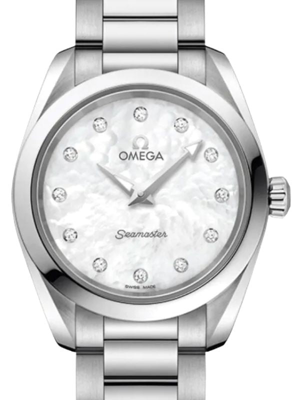 Omega Seamaster Aqua Terra 150M Quartz 28mm Stainless Steel White Mother of Pearl Dial Diamond Set Index Steel Bracelet 220.10.28.60.55.001 - BRAND NEW