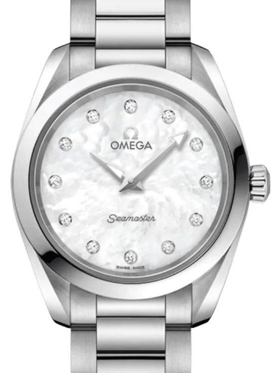 Omega Seamaster Aqua Terra 150M Quartz 28mm Stainless Steel White Mother of Pearl Dial Diamond Set Index Steel Bracelet 220.10.28.60.55.001 - BRAND NEW