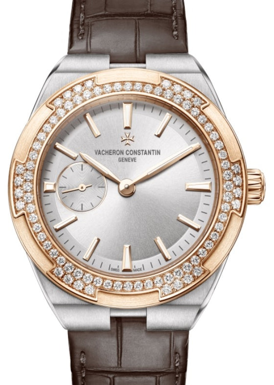 Vacheron Constantin Overseas Self-Winding Stainless Steel Pink Gold Diamond Bezel 37mm Silver Dial Alligator Leather Strap 2305V/000M-B400 - BRAND NEW