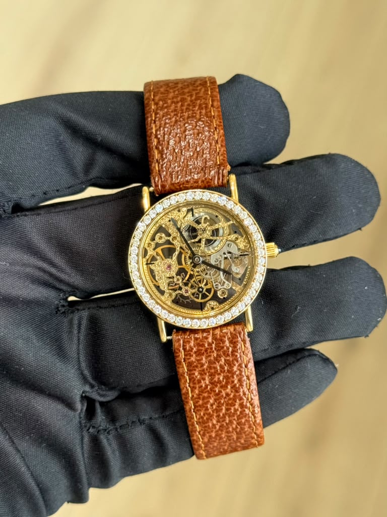 Chopard Vintage Skeleton 161092-0001 Yellow Gold Diamond Bezel Leather Strap — 1