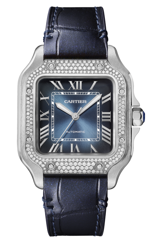 Santos de Cartier Medium Steel/Diamond Bezel Blue Dial W4SA0006