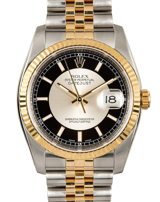 Rolex Datejust 36 116233-BKSSFJ Black and Silver Index "Tuxedo" Fluted Yellow Gold Stainless Steel Jubilee - BRAND NEW